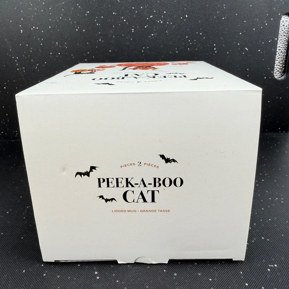 Pottery Barn Peek A Boo Cat Lidded Mug Halloween Pumpkin Black Cat Ceramic Cup